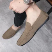 卡其色 男士 豆豆鞋 春款 無鞋帶 潮流 百搭 懶人 皮鞋 春季 個性 潮鞋 透氣舒適