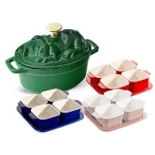 【STAUB】羅勒綠豬造型琺瑯鑄鐵鍋17cm贈陶缽烤盤4+1件組(德國雙人牌集團官方直營)