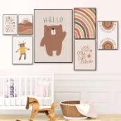 Boho Rainbow & Bear 帆布牆藝術,北歐字母數字托兒所海報印刷品,兒童女嬰房間裝飾卡通牆圖片