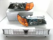 大禾自動車 日規 黑框玻璃大燈 + 黑框 / 黃 角燈 + 水箱罩 適用 TOYOTA COROLLA 93-97 AE100