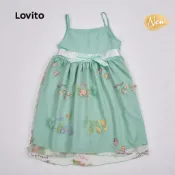 (New Arrival) Lovito Kids 女童休閒貼花及膝喇叭裙擺春夏假日夜間外出綠色洋裝 DRB210BK013