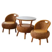 朝暮心居 陽臺小矮藤椅三件套簡約藤條編織靠背椅茶幾圓形藤編老人休閑座椅[DD010109]