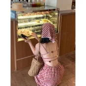 QB 免運 洋裝 韓係 假兩件 連衣裙 露背紅色格子吊帶連衣裙女夏季新款法式田園風修身收腰顯瘦長裙子