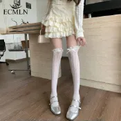ECMLN Sweet Lace Edge 小腿襪女薄網眼 JK 襪 Lolita 鏤空漁網襪白色蝴蝶結及膝襪