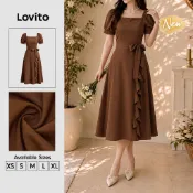 (New Arrival) Lovito 優雅荷葉邊垂墜長款A字型春夏職場棕色女洋裝 DRB204P1D309