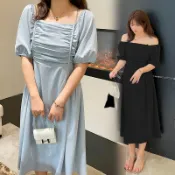 CCGIRL中大尺碼 輕熟氣質優雅♡壓褶抓皺設計一字領長洋裝(鍊條可拆)－適XL～5L《20808》中大尺碼女裝洋裝