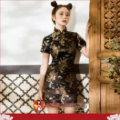 改良短旗袍【水水女人國】龍鳳刺繡復古中國風短版洋裝 新娘婚宴禮服 旗袍趴尾牙春酒派對洋裝 大尺碼S-6XL 六色