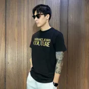 美國百分百【全新真品】Versace Jeans 凡賽斯 短袖 棉質 T恤 VJ 上衣 LOGO 短T 黑金 CH76