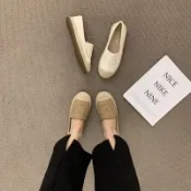 店主私著。小香風 氣質休閒百菱格車線vs 麻繩滾邊 軟皮平底一腳蹬樂福鞋豆豆鞋漁夫鞋草編鞋-Euphoria Stor