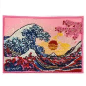 【康是美官方網購】DIY刺繡徽章 神奈川沖浪裏 粉紅櫻花 日本浮世繪 PATCH 刺繡背膠補丁 袖標 布標 布貼 補丁 貼布繡 臂章 _廠商直送