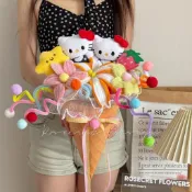 【可愛甜筒 Kitty 玩偶】卡通花束 扭扭棒 成品 女孩 生日 畢業 創意禮物 七夕 玩偶花束 畢業花束娃娃 花束