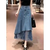 免運 A字裙 牛仔裙 韓系溫柔風 顯瘦 夏季新款設計感小衆丹寧裙女蕾絲花邊拼接魚尾裙高腰顯瘦氣質長裙 短裙 百搭遮肉 半