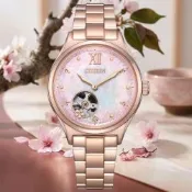 CITIZEN星辰 LADY S系列 櫻花限定 白蝶貝 開芯機械腕錶 錶 手錶 送禮 34mm / PC1017-96W