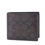 COACH 男款 緹花LOGO防刮皮革八卡短夾-咖啡色/卡其/附證件夾