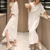 Angel媽咪 孕婦洋裝 台灣出貨 胖MM特大碼150kg可穿扭結T恤裙夏季寬鬆藏肉顯瘦露背V領連衣裙超長裙