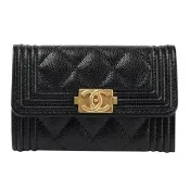 【CHANEL 香奈兒】A80603 經典BOY復古金扣牛皮扣式零錢包(黑色)