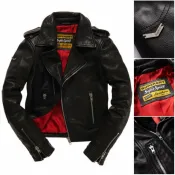 DryDog 跩狗嚴選 極度乾燥 Superdry 跩狗嚴選 Biker 女款 頂級真皮 黑色 紅色內裡 外套 短版 騎士 機車 皮衣 翻領 皮夾克 袖口拉鍊 鐵牌Logo