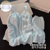 台灣出貨❤️夏季帶胸墊藍色甜美花朵公主風睡衣女吊帶短褲女裝其它制服套裝