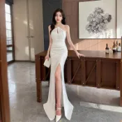 緊身洋裝宴會洋裝韓版洋裝長洋裝伴娘禮服敬酒服緊身洋裝美背優雅魚尾裙超【yuki】