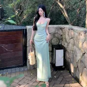 法式聚會派對性感綠色亮片吊帶長裙女裝緊身高級設計V領無袖露背中長款緊身洋裝