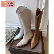 【48小時發貨】白色尖頭西部靴女高筒長靴女不過膝顯瘦粗根真皮長筒騎士靴子