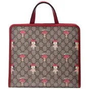 GUCCI 經典GG Supreme帆布小狗蘑菇印花手提/托特包(深棕色/紅色)