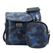 【COACH】經典LOGO迷彩寬背帶二合一零錢包小包斜背包(深藍)