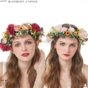 森系超仙仿真花環頭飾 女孩成人舞蹈表演花圈 婚紗寫真草地婚禮花冠 海灘造型拍照配件 頭飾 仿真花朵藤條髮箍新娘女孩舞蹈