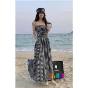 #L1902672 (有口袋)春夏韓妞平口防滑抓皺長洋 渡假飄逸百搭性感連衣長裙 甜美修身舒適傘擺洋裝