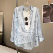 (店+)長袖防曬衫 渲染印花防曬衣襯衫女外套2024新款寬松夏天薄款薄紗開衫上衣 壹和軒