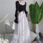 【超仙女超大裙擺】金絲雪紡珠光長裙 流光紗 顯瘦白色半身裙 裙子 雪紡半身裙 波浪邊 長款 仙女裙 珠光裙