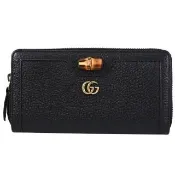 【GUCCI 古馳】Diana GG 經典雙G竹節飾扣荔枝皮革發財零錢長夾(黑)
