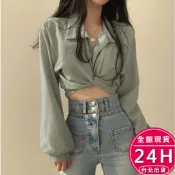 【梨卡】隔日到貨 女裝 上衣 襯衫 長袖 設計感 蝴蝶結露背 美式復古 扭結設計 翻領襯衫 韓版WT200【現貨24H】