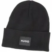 HUGO BOSS 刺繡字母徽標反摺棉質混紡針織帽(黑色)