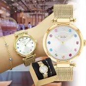 【COACH】官方授權經銷商 奢華彩晶米蘭帶腕錶 彩晶手鍊套組-34mm 情人節 送禮(14000112)