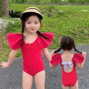 【橘魔法】桃紅立體蓬蓬袖露背蝴蝶結連身泳衣+泳帽 女童 兒童 小童 童裝 泳裝 泳衣 兒童 玩水 海邊