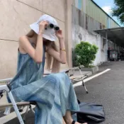 【揪思快出】渡假連身裙 潑墨 渲染 美式復古 扎染連身裙 吊帶裙 中長裙 藍色連身裙 沙灘長裙 法式茶歇 無袖連身裙