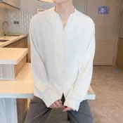 新中式v領襯衫男 高級感醋酸寬鬆長袖禁慾系緞面冰絲襯衫無領寸衫