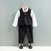 【獃小萌】童裝館 週嵗禮服男寶春秋男童小西裝套裝洋氣兒童英倫西服婚禮花童三件套兒童西裝花童禮服紳士小西服鋼琴錶演禮服