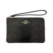 COACH C Logo PVC拼接皮革掛帶L型拉鍊萬用手拿包(黑色/胡桃木)