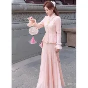 新中式套裝 旂袍套裝 秋冬款套裝 秋冬款旂袍 國風套裝 加絨加厚新中式氣質國風套裝秋冬新款清冷感上衣魚尾裙兩件套女裝