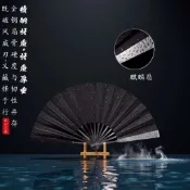 玄鐵重扇鍛打錘紋玄鐵扇全金屬扇骨絹布扇面摺扇國風扇子冷兵器臺灣出貨🌈