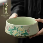 喜挖2店 豆綠汝窯芙蓉花茶洗陶瓷茶渣缸水盂杯洗大容量茶水桶陶瓷茶具配件