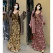 M-4XL 韓系慵懶風連身裙 二色可選 氣質感吊帶洋裝+慵懶感長袖開衫 大碼洋裝 設計感露背吊帶洋裝 長款慵懶休閒開衫
