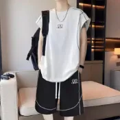 初見cJ💖M-8XL 克羅心薄款青少年運動套裝 夏天上衣 女生衣服 上衣 無袖 t恤 短褲 男生褲子 涼感t恤 背心