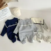 淘淘屋百貨商場 嬰幼兒春秋2025新款海軍領男女寶針織連體衣兒童哈衣外出洋氣爬服鑫弘-萌寶童裝可開發票