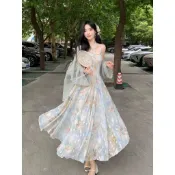 【胖悅穿搭】春夏薄款洋裝【油画秘境】300斤大码女装300斤胖mm法式油画气质挂脖吊带仙女裙渡假風洋裝 氣質顯瘦洋裝 夏