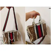 Gucci 正版絕版 2010年第一批初代款 容量大真皮及緹花布包身 有使用痕跡 手提肩背斜背包 波士頓包 請看商品敘述