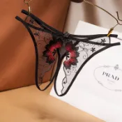 花樣情趣內褲女 透明網紗刺繡性感丁字褲 開襠免脫誘惑低腰T褲 現貨