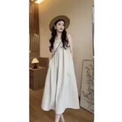 簡約洋裝 法式氣質洋裝 大尺碼設計感韓系連身長洋裝 夏天露背百褶無袖背心洋裝 掛脖休閒a字裙 純色素色洋裝長裙連衣裙子